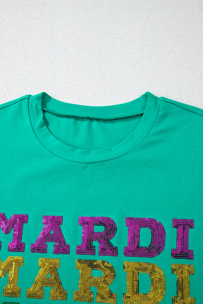 Sea Green Sequin Mardi Gras Letter Graphic T Shirt