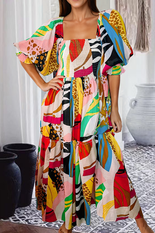 White Square Neck Smocked Abstract Print Boho Maxi Dress