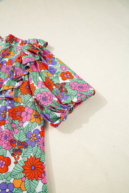 Red Floral Tie Split Neck Ruffle Puff Sleeve Blouse